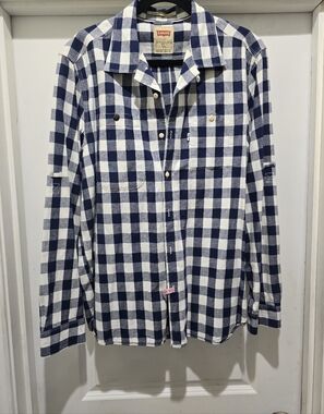 Levi's Navy Blue and White Check Flannel Button-Up Shirt